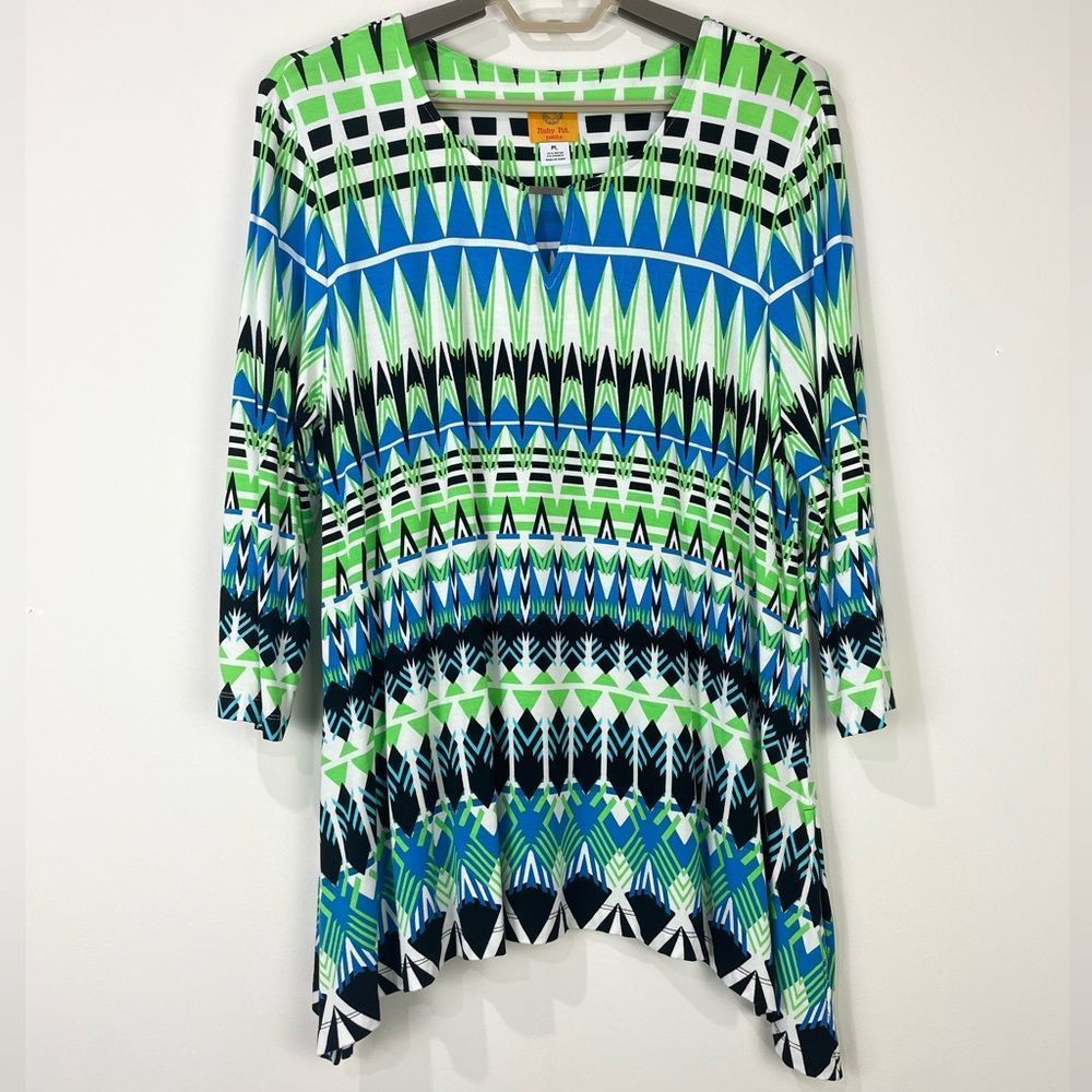 Ruby Rd. Geometric Print Top PL Petite Large Blue Green Black White 3/4 Sleeves